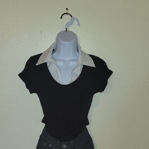 Body Central Black Short Sleeve Blouse with White Collar